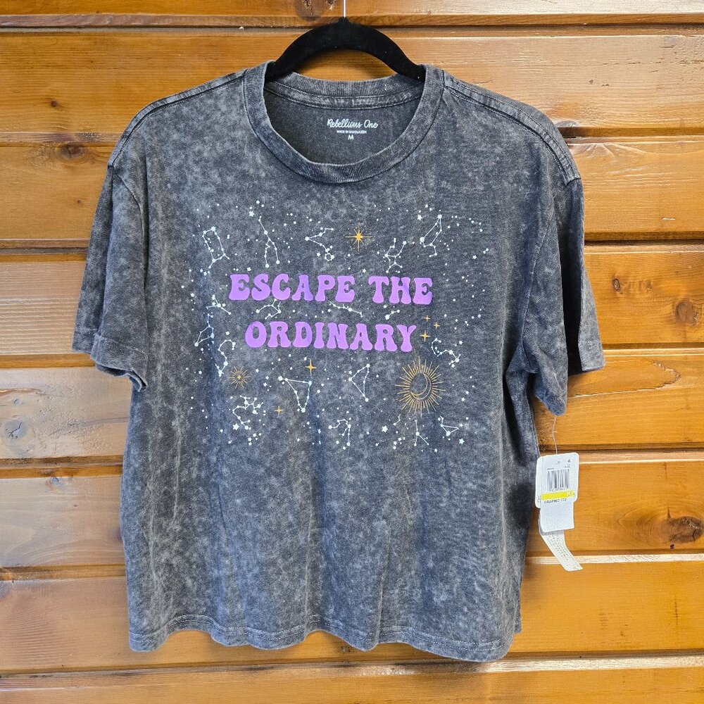 Rebellious One Juniors' Escape The Ordinary Mineral Wash T-Shirt Size M